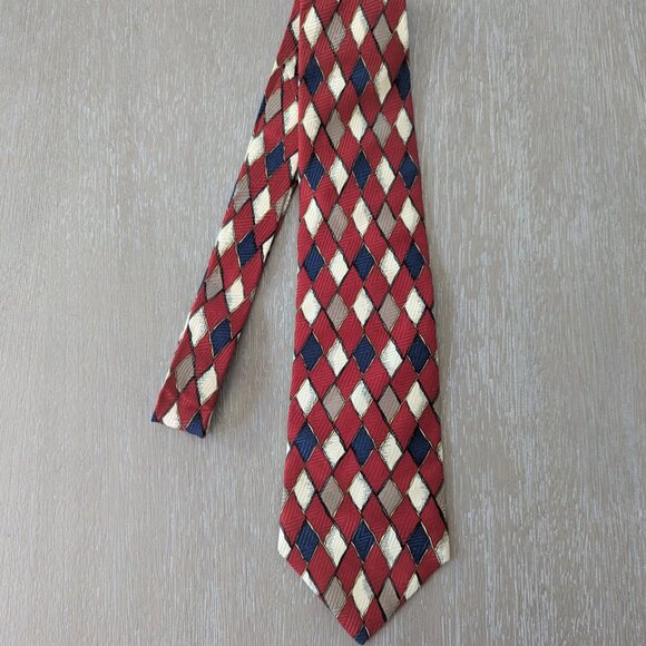 Peter Thomas by Superba Vintage Silk Tie Geometric Red Blue & Tan USA - Picture 2 of 5